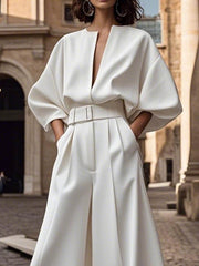 Half Sleeves Loose No Belt Solid Color Deep V-Neck Jumpsuits