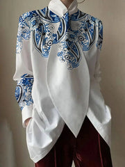 Flower Print Split-Joint Long Sleeves Loose Stand Collar Blouses&Shirts Tops