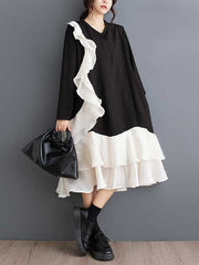 Contrast Color Pockets Ruffle Trim Split-Joint A-Line Long Sleeves V-Neck Midi Dresses