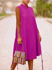 Solid Color Split-Front A-Line High-Low V-Neck Midi Dresses