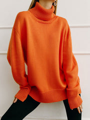 Solid Color Split-Joint High-Low Long Sleeves High Neck Sweater Tops