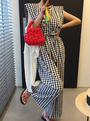 Plaid Pockets Tied Waist High Waisted Loose Round-neck Jumpsuits