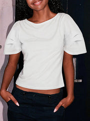 Asymmetric Pleated Solid Color Loose Short Sleeves Round-Neck T-Shirts Tops
