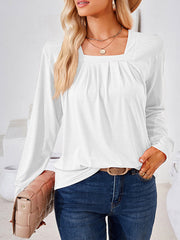 Pleated Solid Color Long Sleeves Loose Square-Neck T-Shirts Tops