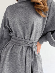 Pleated Solid Color Split-Joint Tied Waist Loose Puff Sleeves High Neck Mini Dresses