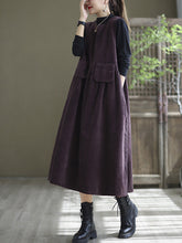 Vintage Solid Color A-Line Sleeveless Corduroy Midi Dress
