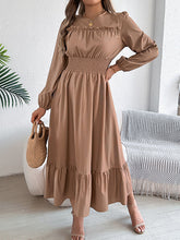 Pleated Solid Color A-Line Elasticated Waist Round-Neck Maxi Dresses