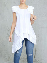 Asymmetric Pleated Solid Color Split-Joint Flying Sleeves Irregular Clipping Round-Neck Vest Top