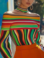Contrast Color Striped Long Sleeves Loose Halter-Neck T-Shirts Tops