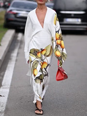 Backless Flower Print Batwing Sleeves Long Sleeves Deep V-Neck Maxi Dresses