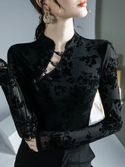 Buttoned Flower Print Mesh Long Sleeves Skinny Mock Neck T-Shirts Tops