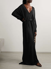 Batwing Sleeves Loose Solid Color V-Neck Maxi Dresses