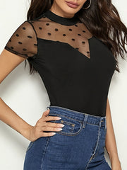 Mesh Polka-Dot See-Through Split-Joint Loose Short Sleeves Round-Neck T-Shirts Tops