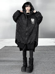 Abstract Printed Contrast Color Split-Joint Zipper High-Low Irregularity Hooded Overcoat Outerwear