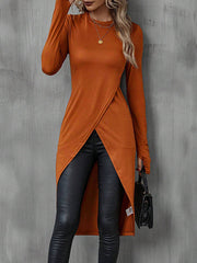 Solid Color Split-Joint High-Low Long Sleeves Round-Neck T-Shirts Tops