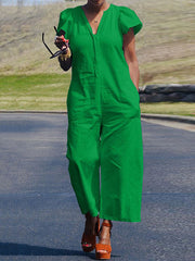 Fringed Pleated Pockets Solid Color Loose Ruffle Sleeves V-Neck Jumpsuits