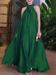 Loose Sleeveless Pockets Solid Color Tied Halter-Neck Jumpsuits