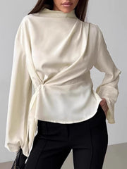 Pleated Solid Color Zipper Flared Sleeves Long Sleeves Stand Collar Blouses&Shirts Tops