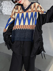 Drawstring Split-Joint False Two Long Sleeves V-Neck Sweater