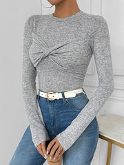 Knot Solid Color Long Sleeves Skinny Round-Neck T-Shirts Tops