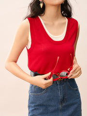 Contrast Color Split-Joint False Two Loose Round-neck Vest Top