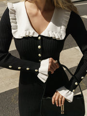 Pleated Ruffled Split-Joint Long Sleeves Peter Pan Collar Sweater Dresses Midi Dresses