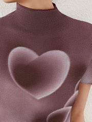 Heart Shape Pleated Short Sleeves Mock Neck T-Shirts Tops