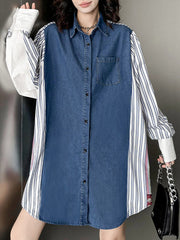 Buttoned Contrast Color Pockets Split-Joint Striped Long Sleeves Loose Lapel Blouses&Shirts Tops