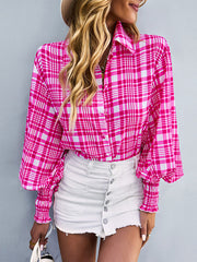 Buttoned Contrast Color Elasticity Plaid Long Sleeves Loose Lapel Blouses&Shirts Tops