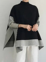 Split-Joint Split-Side Striped Batwing Sleeves Loose High Neck Sweater