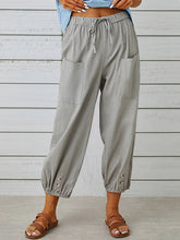 Buttoned Drawstring Elasticity Pockets Split-Joint High Waisted Loose Trousers Ninth Pants
