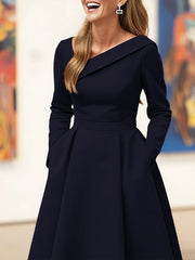 A-Line High Waisted Pleated Pockets Solid Color V-Neck Maxi Dresses