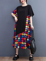 Multi-Colored Polka-Dot Split-Joint Loose Short Sleeves Round-Neck Midi Dresses