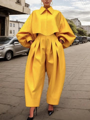 Pleated Pockets Solid Color High-Low Loose Trousers Pants