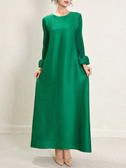 Pleated Solid Color A-Line Loose Round-Neck Maxi Dresses