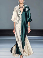 Half Sleeves Loose Contrast Color Flower Print V-Neck Maxi Dresses