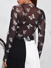Butterfly Print Mesh See-Through Long Sleeves Skinny Round-Neck T-Shirts Tops