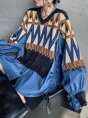 Drawstring Split-Joint False Two Long Sleeves V-Neck Sweater