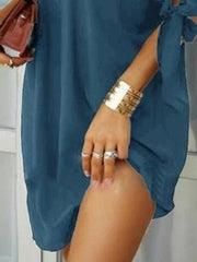 Beaded Lace-Up Split-Joint Loose Short Sleeves Cold Shoulder Mini Dresses