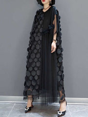 Asymmetric Pleated Polka-Dot Solid Color Split-Joint Tulle A-Line Half Sleeves Round-Neck Maxi Dresses