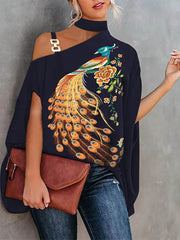 Animal Printed Asymmetric Chains Batwing Sleeves Loose Asymmetric Collar T-Shirts Tops
