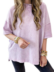 Split-Joint Half Sleeves High-Low Round-Neck T-Shirts Tops