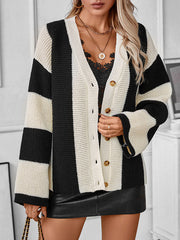 Buttoned Contrast Color Split-Joint Striped Long Sleeves Loose V-Neck Cardigan Tops
