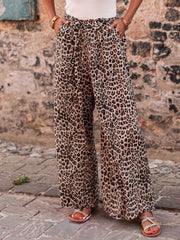 Drawstring Elasticity Leopard Pockets High Waisted Loose Trousers Pants