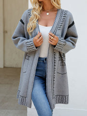 Jacquard Split-Joint Long Sleeves Loose V-Neck Cardigan Tops