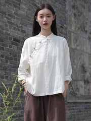 Vintage Ramie Cotton Stand Collar Loose Long Sleeve Shirt