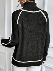 Contrast Color Split-Joint Long Sleeves Loose High Neck Sweater Tops