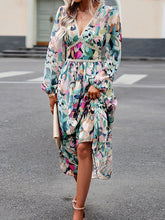 Mesh Printed Split-Joint A-Line High Waisted Deep V-Neck Midi Dresses