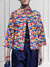 Loose Three-Quarter Sleeves Contrast Color Printed Lapel Collar Outerwear
