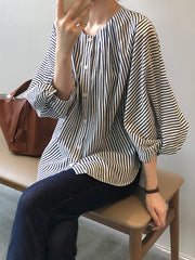 Trendy Tops Three-Quarter Sleeves Batwing Sleeves Striped Round-Neck Blouses